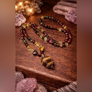 Artisan Hand Crafted Genuine Stone Raw Tigers Eye, Amber and Citrine Mala